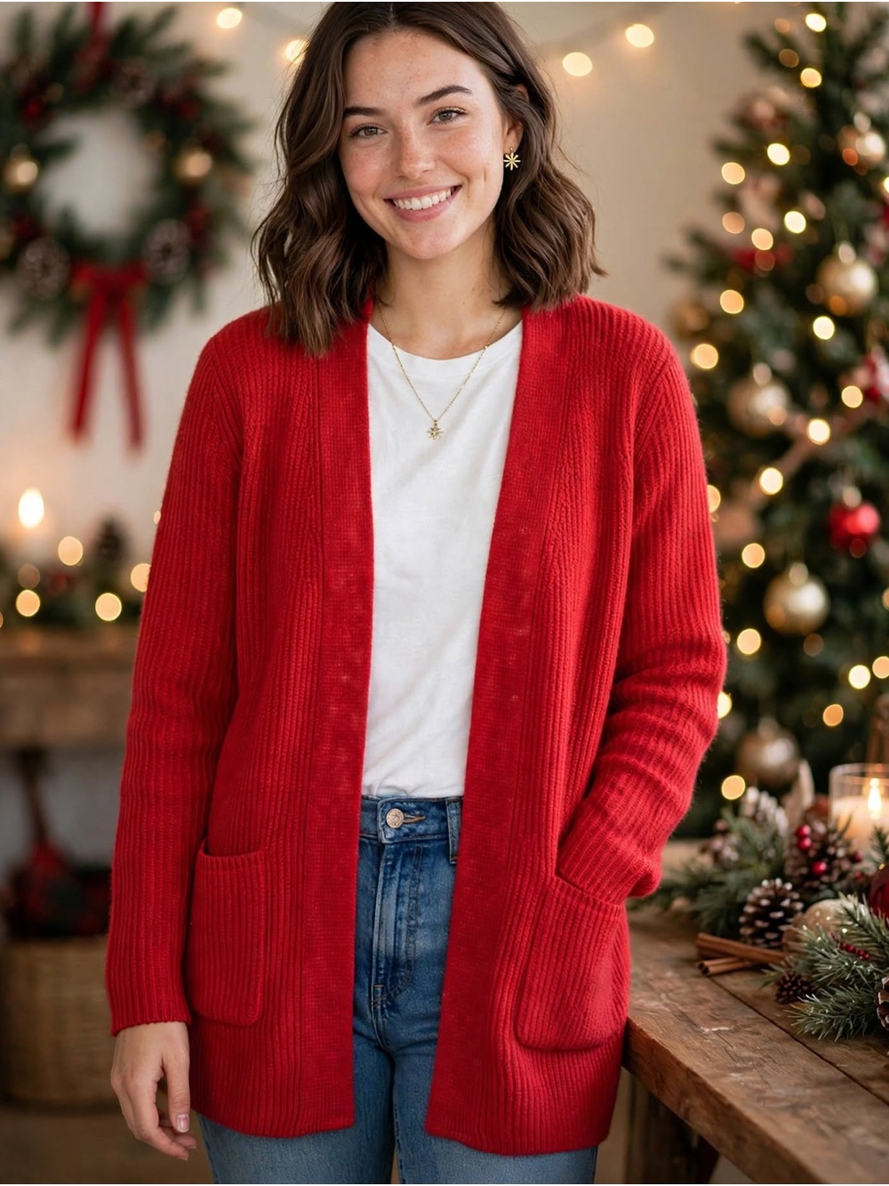 Apt. 9 Red Open-Front Ribbed Cardigan with Patch Pockets